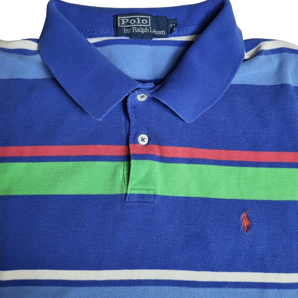Polo Ralph Lauren Mens XL Striped Short Sleeve Polo Shirt Blue Green Red‎ Pony